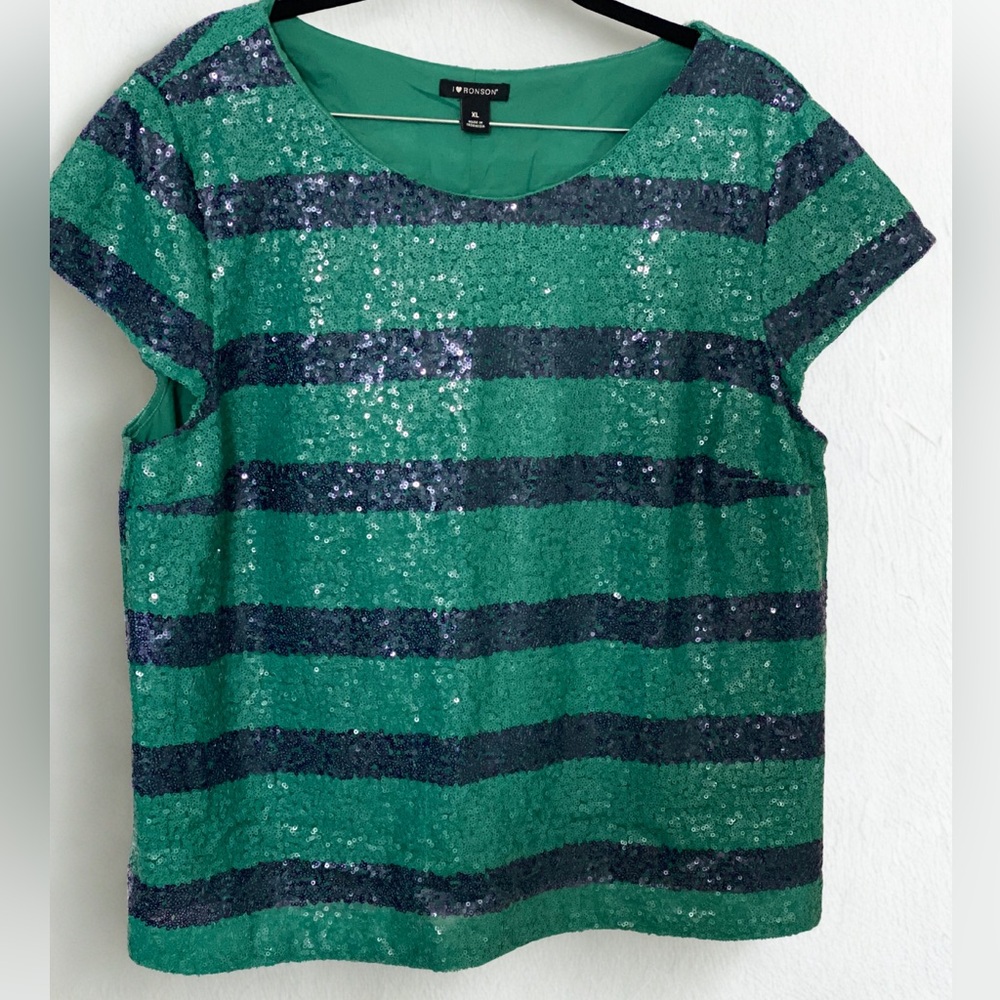 Green and Blue Sequin Striped Tee Shirt